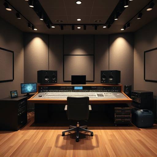 Interior view of the Harmonic Resonance Studios control room, featuring a large mixing console and studio monitors.