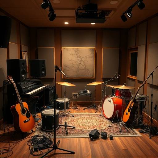Interior view of the Harmonic Resonance Studios live room, showing various instruments and recording equipment.