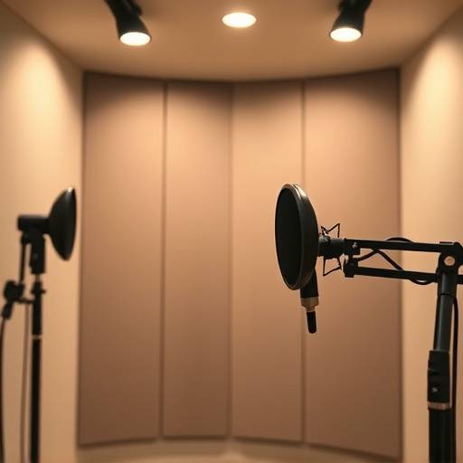 Interior view of the Harmonic Resonance Studios vocal booth, featuring a Neumann U87 microphone.