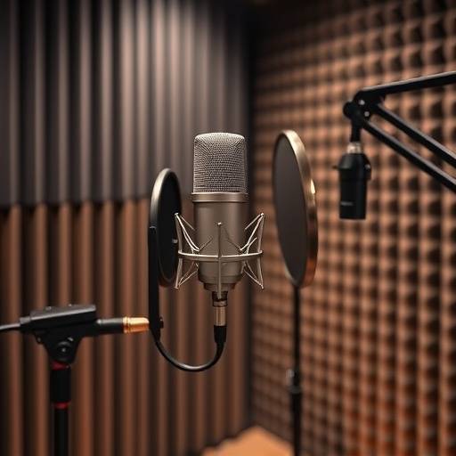 Microphone setup for a voiceover session, showing a Neumann U87 microphone in a recording booth.