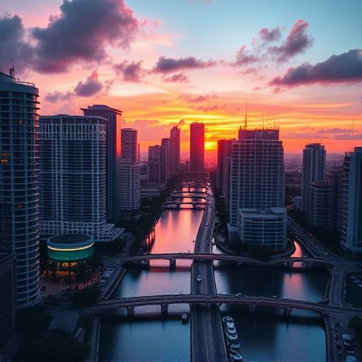 Still from the music video 'Sunrise Over Miami' by Isabella Diaz, featuring a cityscape at dawn.